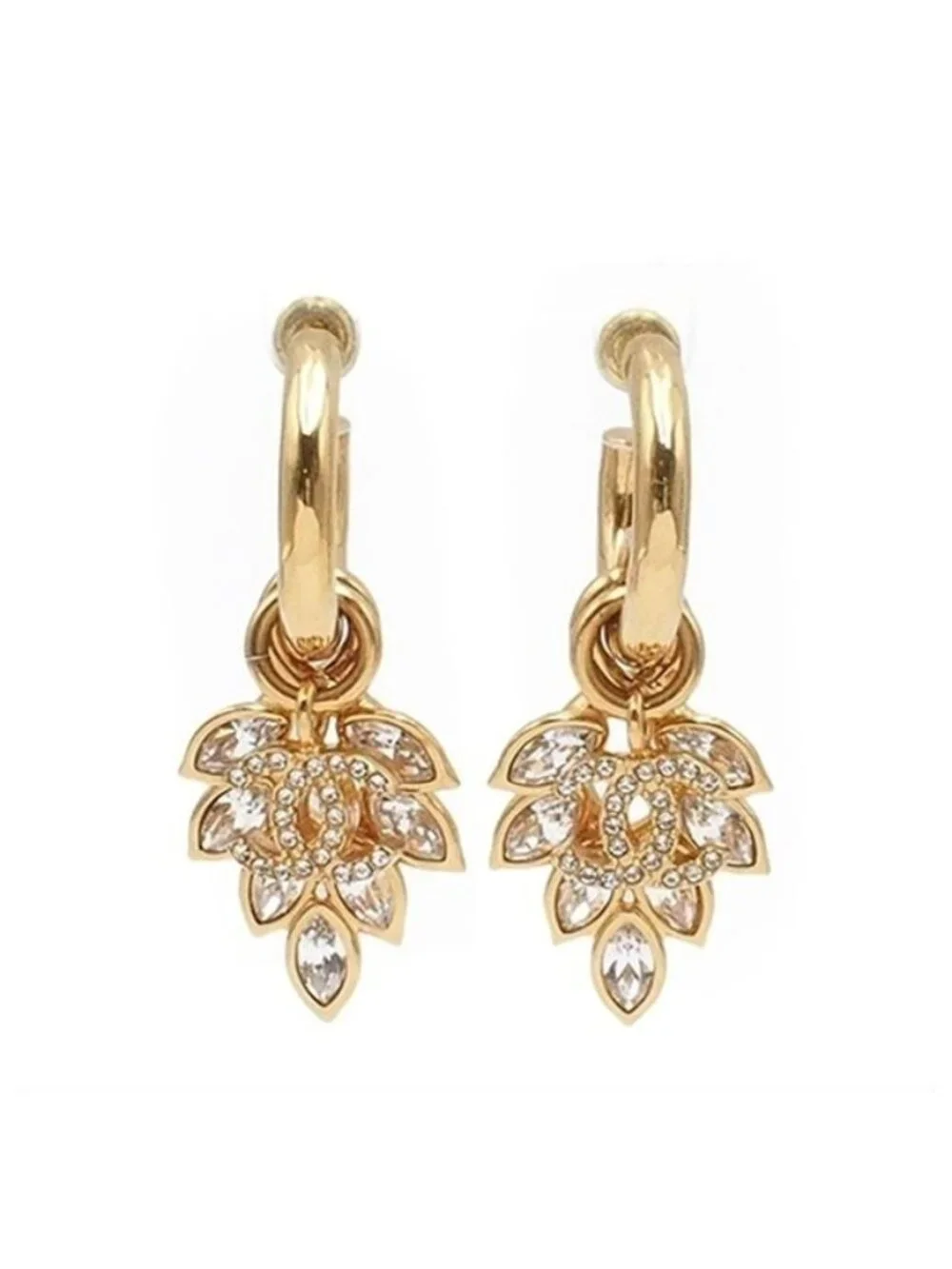 Chanel Earrings Drop Gold Metal Rhinestone CC Logo Flower Motif 22K